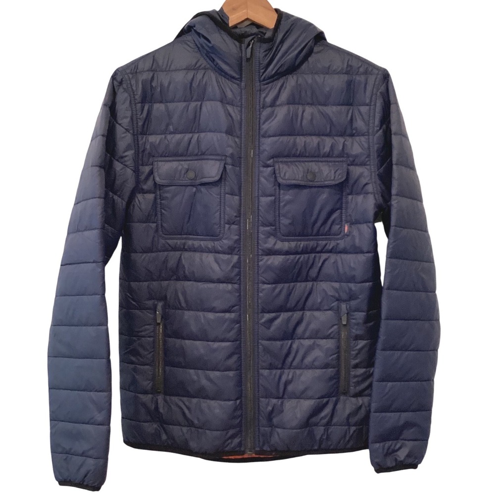 Faherty Mens XS Navy Blue Hooded Puffer Jacket Quilted Full Zip Orange Lining